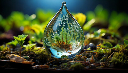 Dreamlike Ecosystem Encapsulated Within a Water Droplet Surrounded by Nature