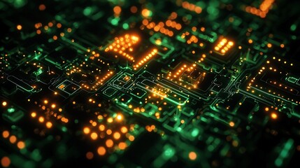 Obraz premium Close-up view of glowing circuit board. Intricate pathways and components illuminate in vibrant orange and green
