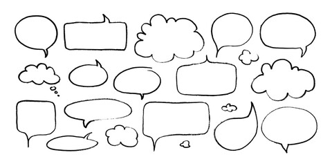 Fototapeta premium Dialogue speech bubbles with pen or crayon chalk doodle emphasis hand drawn style vector illustration set. Chat balloons crayon chalk style various dialogue frames collection hand drawn sketch style.