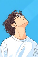 A stylized portrait of a young man with curly brown hair, wearing glasses, looking up towards a bright light against a blue background