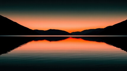 Fototapeta premium Silhouettes of mountains reflected in a calm lake at sunrise.