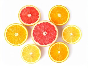 Fototapeta premium Variety of sliced citrus fruits on white background