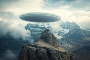 A lenticular cloud formation hovers mysteriously over a majestic, snow-capped mountain range.