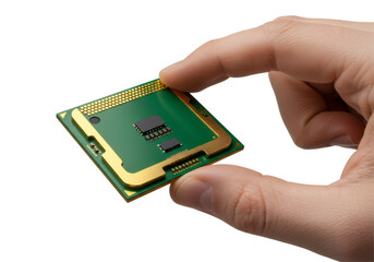 Hand Holding Green And Gold Central Processing Unit On Transparent Background