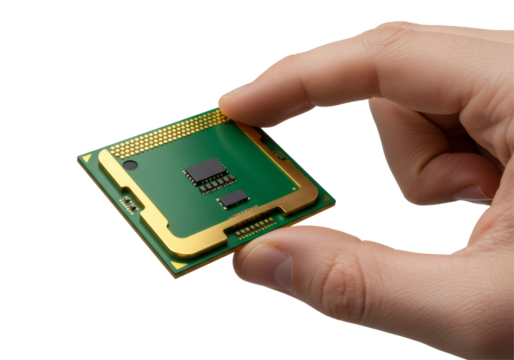 Hand Holding Green And Gold Central Processing Unit On Transparent Background - Powered by Adobe