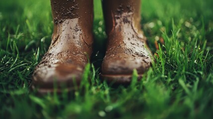 Fototapeta premium Brown rubber boots covered in mud stand on lush green grass. It can represent outdoor fun or a rustic, rural environment.
