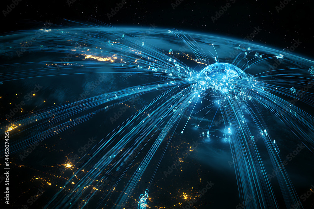 Poster planet earth in space , binary code technology , glowing sphere on black background