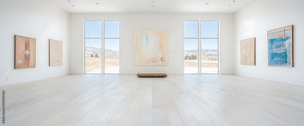 Poster modern gallery space with pristine white floors and large windows showcasing abstract art