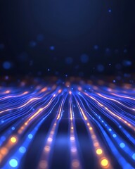 Obraz premium Abstract digital art depicting flowing, luminous lines converging at the viewer, with bokeh effect