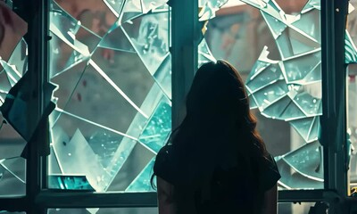A woman stands in an abandoned building, looking out through a shattered window. Sunlight streams in, casting a reflective glow on the dusty interior surfaces. - Powered by Adobe