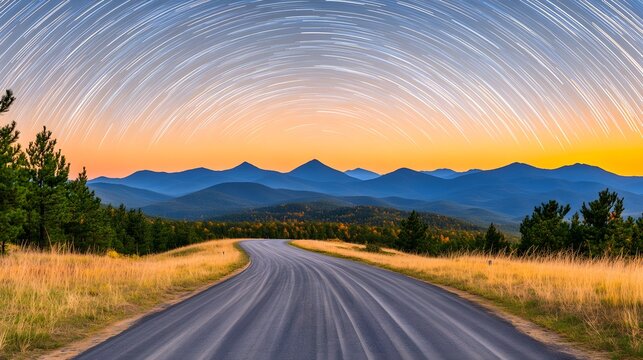 Scenic mountain road at sunset with star trails above A breathtaking landscape photograph
