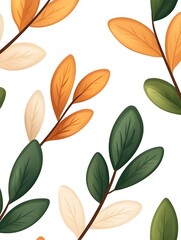 Obraz premium An autumnal pattern featuring sprigs with leaves in shades of green, orange, and cream against a white background
