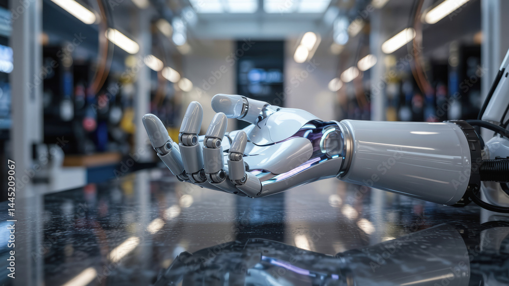 Poster sleek agentic ai robotic hand rests on reflective surface in modern workshop filled with advanced te