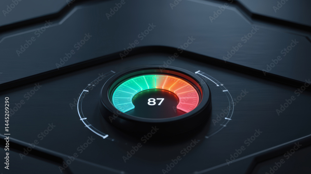 Poster agentic ai technology concept with futuristic digital gauge showing performance level at 87 on sleek