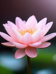 Fototapeta premium Delicate pink water lily, dew-kissed petals, soft focus background