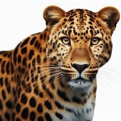 Obraz premium Portrait of leopard standing a looking at the camera, Panthera pardus, against white background
