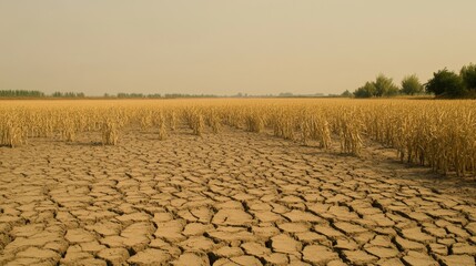 Fototapeta premium Severely drought-stricken farmland with cracked dry soil, dead plant stalks, and hazy yellow sky, symbolizing desertification, climate change, and critical water shortage in nature.