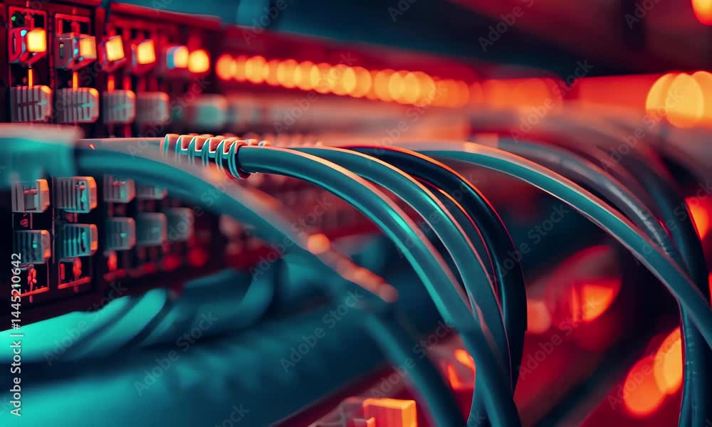 Poster the video showcases a detailed view of illuminated network cables connected to switches in a data ce