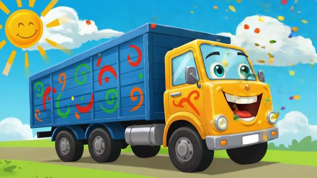 Blue cartoon flatbed truck with happy face and decorative swirls