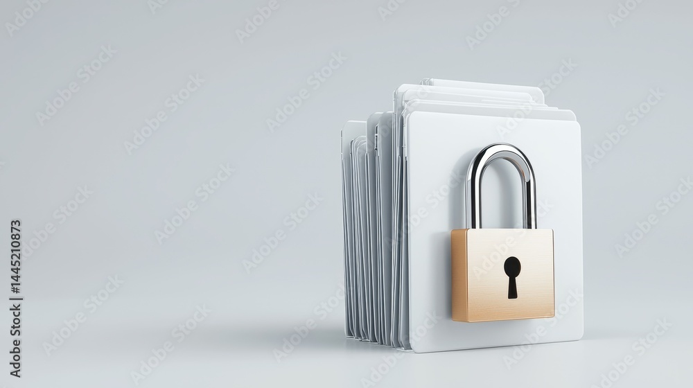 Poster a shiny padlock secured on a stack of white files, symbolizing data security.