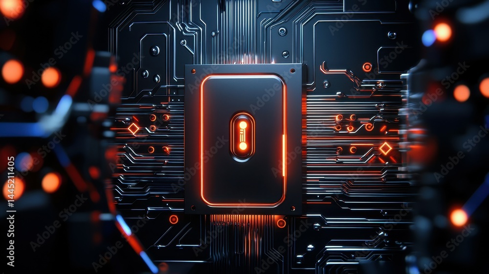 Aufkleber futuristic circuit board with glowing elements and a central device.