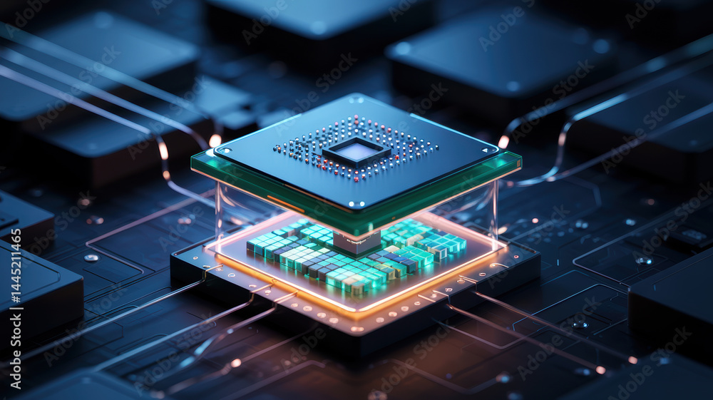 Poster agentic ai technology concept with futuristic microchip and glowing circuit board in dark environmen