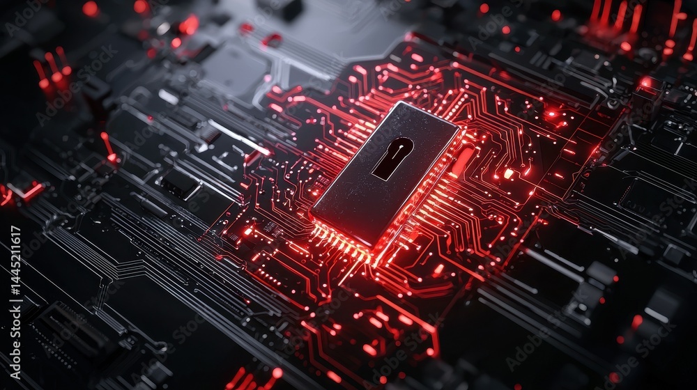 Poster a sleek digital padlock uniting technology and security in a futuristic network.