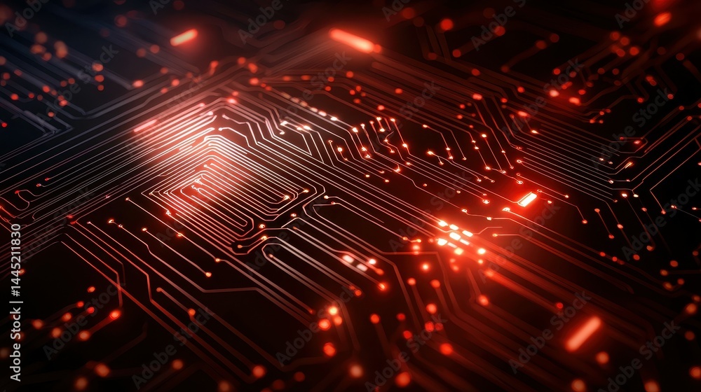 Aufkleber intricate close-up of a futuristic circuit board with glowing red elements.