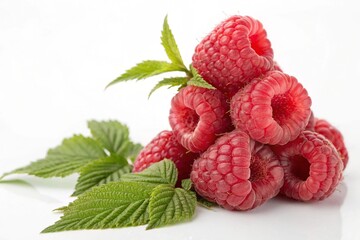 raspberries with leaves isolated on white background