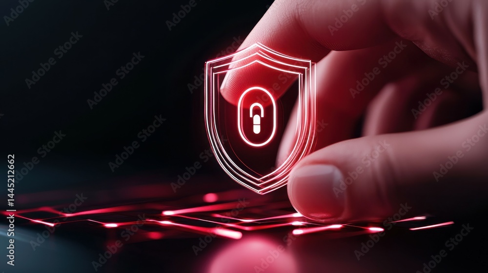 Poster hand engaging with glowing cybersecurity shield on a digital interface.