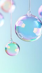 Fototapeta premium Iridescent spheres hang suspended against a pale blue backdrop, showcasing an ethereal, otherworldly quality