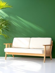Light wood frame sofa with off-white cushions against a green wall, sunlit