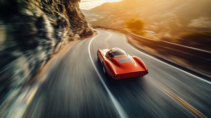 Retro race car speeding down a mountain road, motion blur, cliffside views, DSLR camera, wide-angle lens, sunrise, action shot, grainy film.