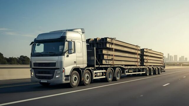 Modern flatbed truck driving on a highway carrying stacked wooden planks