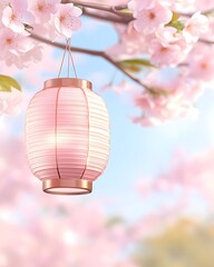 Obraz premium Pink paper lantern hangs from a blossoming cherry tree branch against a soft blue sky