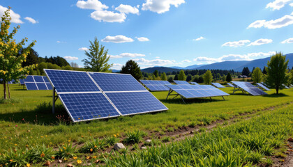 Solar panels installed in a green field under a bright sky, surrounded by trees and distant mountains.