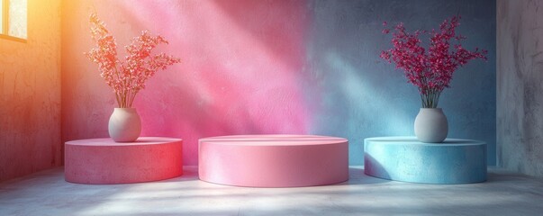 Pastel podiums decorated with vases of flowers in soft sunlight