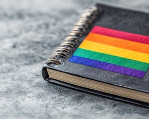 LGBTQ mental health inclusive therapy concept. A colorful notebook with a rainbow flag design on its cover.