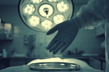 A gloved hand reaches for a surgical instrument on a tray in an operating room, illuminated by bright circular lights above.