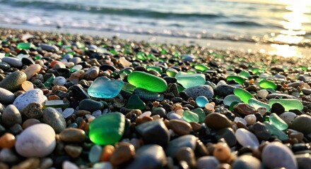Obraz premium Colorful Polished Sea Glass Gemstones Stones on Sandy Beach Texture Seashore Treasure Background