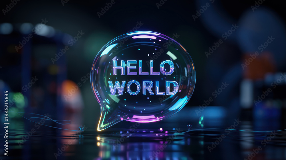 Poster agentic ai concept with glowing speech bubble saying hello world in futuristic digital style glowing