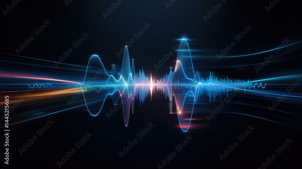 Aufkleber agentic ai concept with glowing sound wave and light streaks on dark background creating futuristic 