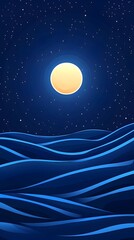 Naklejka premium Serene night scene with a luminous full moon over gently rolling, dark blue waves under a starlit sky