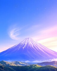 Serene sunrise over a majestic snow-capped peak, pastel hues paint the sky and mountain