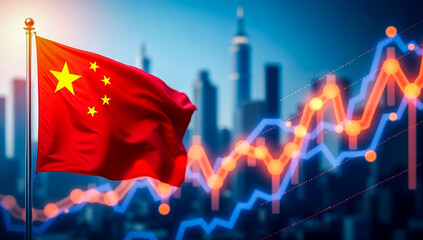 Financial Growth Visualized As Chinese Flag Fronts Stock Data Over A Cool Urban Skyline