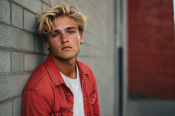 Blonde male model in red denim jacket leans against a brick wall. Perfect for fashion, lifestyle, or youth-oriented campaign images.