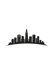 Fototapeta premium Sleek cityscape skyline silhouette, featuring a prominent skyscraper, set against a simple, curved base