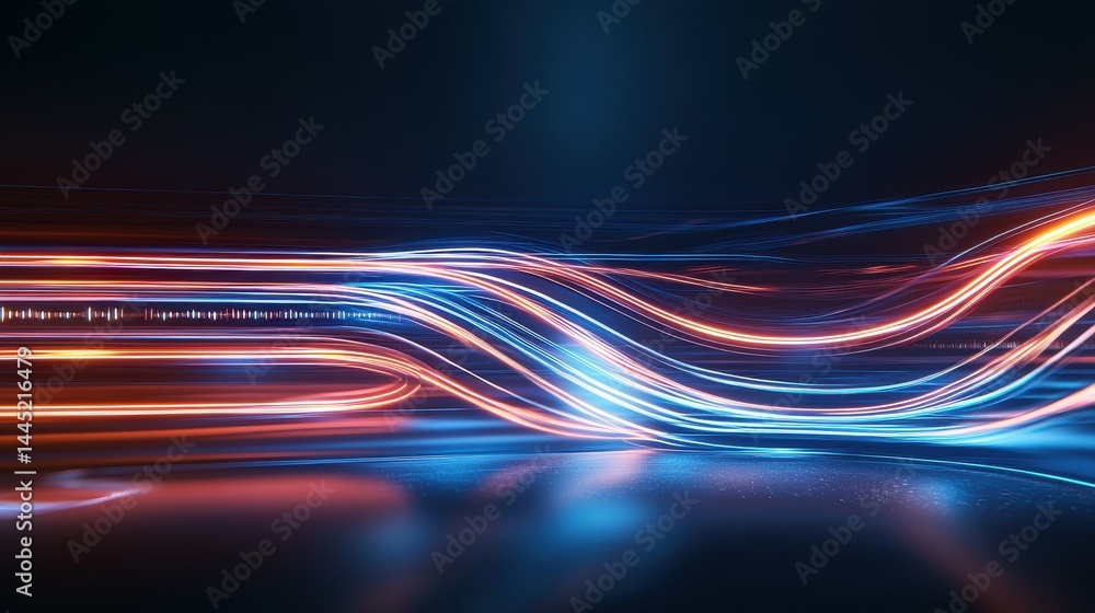 Poster abstract light trails in vibrant blue and orange creating a dynamic visual effect.