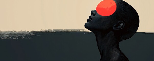 Abstract artwork featuring a silhouette with a luminous red circular element