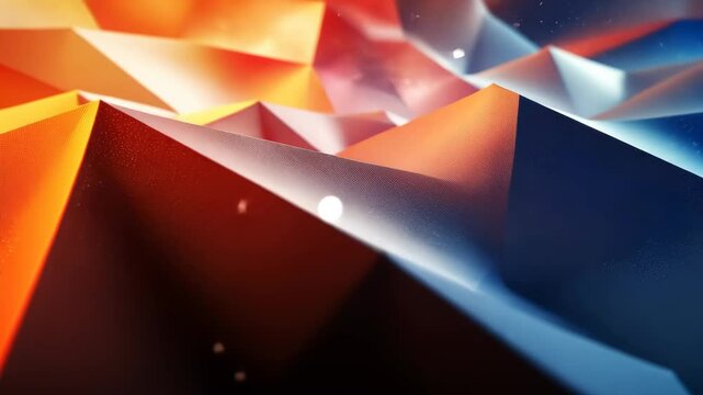 Abstract polygon landscape glowing orange blue particles.